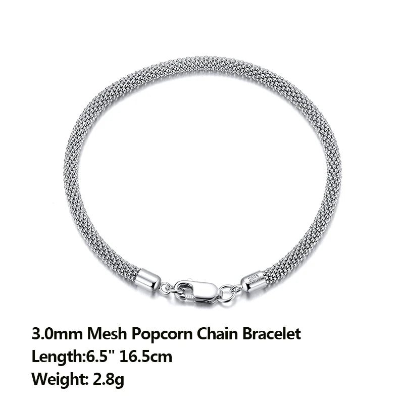 Italian 925 Sterling Silver 3.0mm Mesh Popcorn Chain Bracelet with Square Buckle