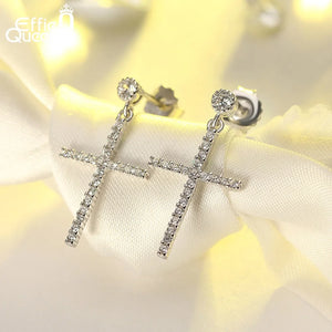 925 Silver Zircon Big Cross Drop Earrings for Women