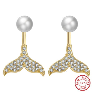 14K Plated Pearl Earrings with CZ Mermaid Tail for Anniversary
