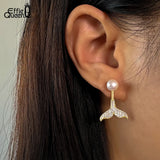 14K Plated Pearl Earrings with CZ Mermaid Tail for Anniversary