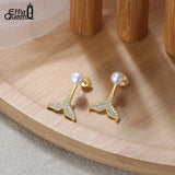 14K Plated Pearl Earrings with CZ Mermaid Tail for Anniversary