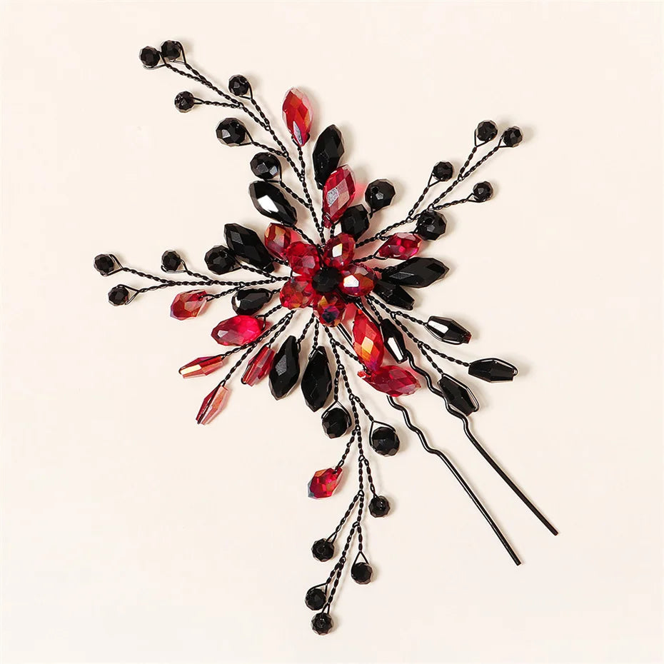 Efily Red Crystal Bridal Hair Accessories Wedding Bride Hairpins Set