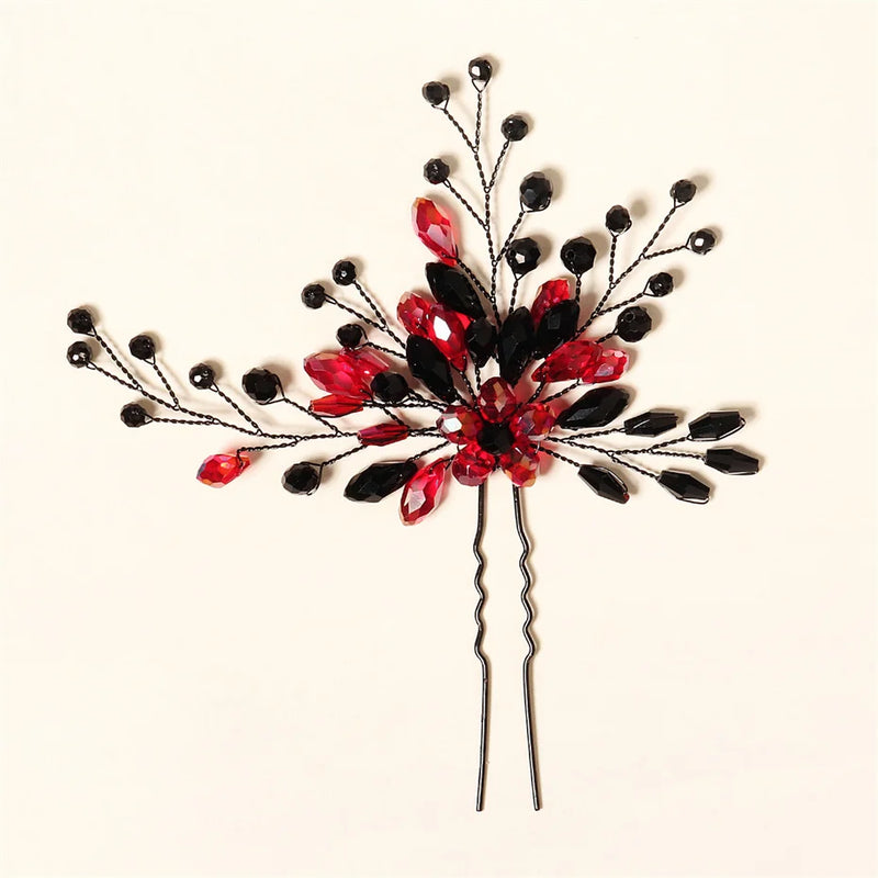 Efily Red Crystal Bridal Hair Accessories Wedding Bride Hairpins Set