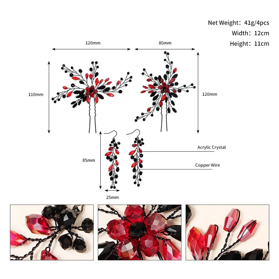 Efily Red Crystal Bridal Hair Accessories Wedding Bride Hairpins Set