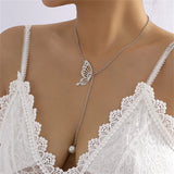 Efily Butterfly Pearl Bridal Backdrop Necklace