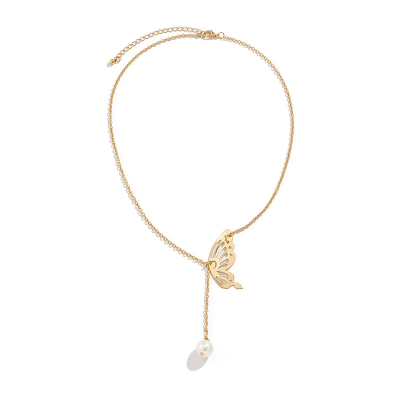 Efily Butterfly Pearl Bridal Backdrop Necklace