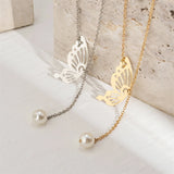 Efily Butterfly Pearl Bridal Backdrop Necklace