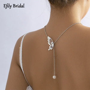 Efily Butterfly Pearl Bridal Backdrop Necklace