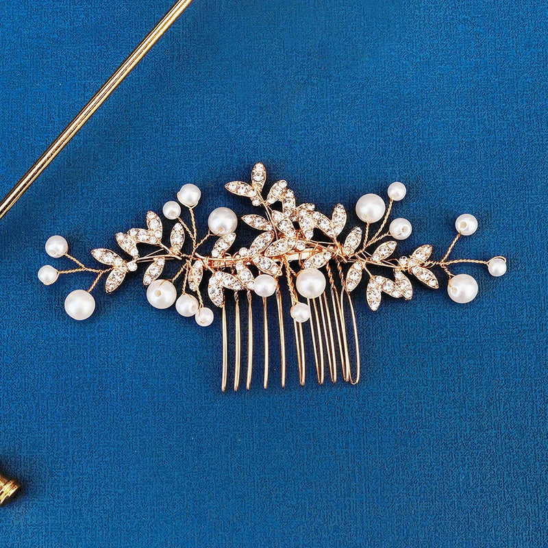 Crystal Rhinestone Pearl Leaf Bridal Hair Comb Tiara Hairpin