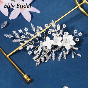 Efily Flower Pearl Bridal Hair Comb Rhinestone Crystal Wedding Hair Accessories