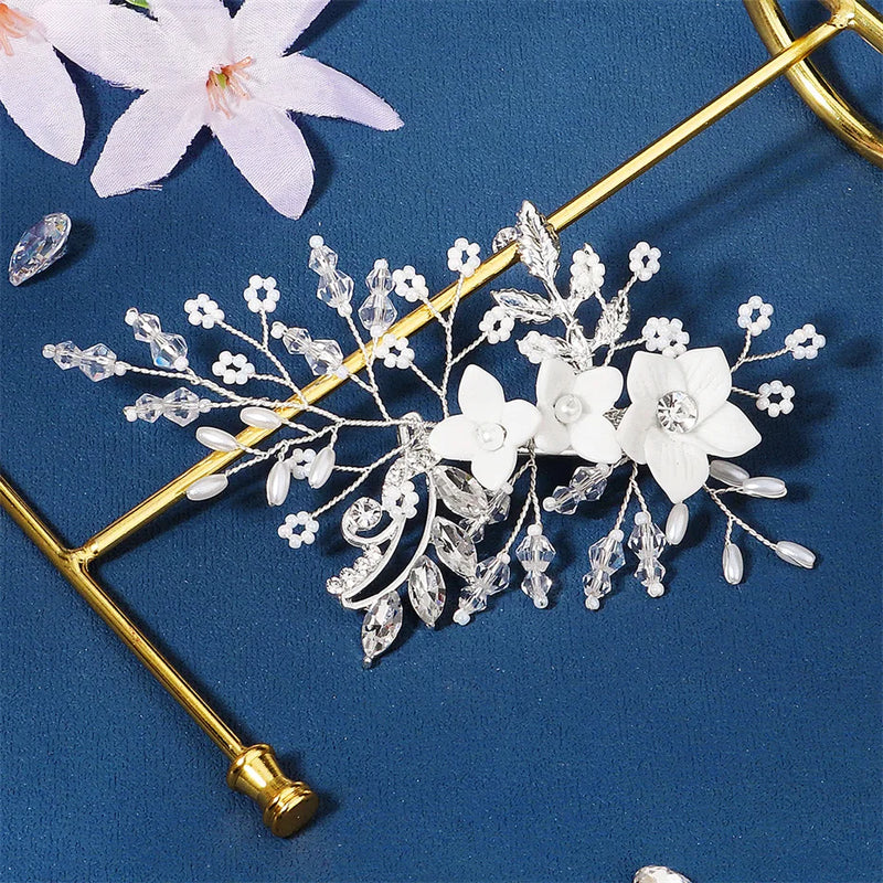 Efily Flower Pearl Bridal Hair Comb Rhinestone Crystal Wedding Hair Accessories