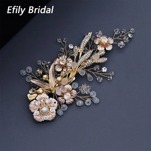Efily Crystal Wedding Hair Clip Flower Leaf Bride Hair Accessories Pearl Bridal