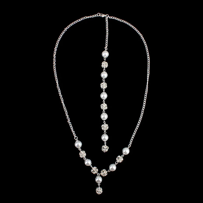 Efily Pearl Rhinestone Back Necklace Body Chain Jewelry Wedding Party