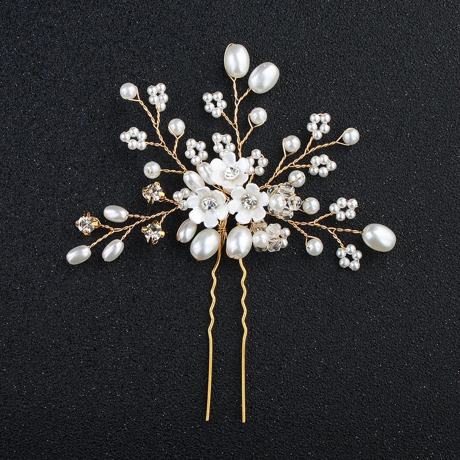 Bridal Hair Pin for Wedding Pearl Rhinestone Flower Bride Hairpin