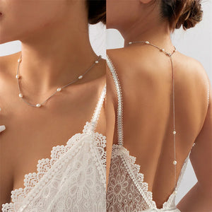 Efily Pearl Back Drop Necklace Bridal Silver Wedding Backdrop Necklace