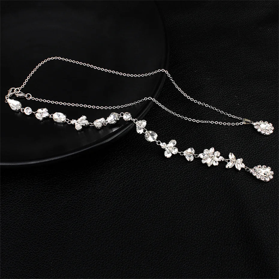 Efily Silver Rhinestone Back Necklace Crystal Bridal Backdrop Necklace
