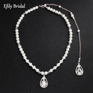 Efily Pearl Backdrop Necklace Wedding Accessories Bride Jewelry Long Crystal
