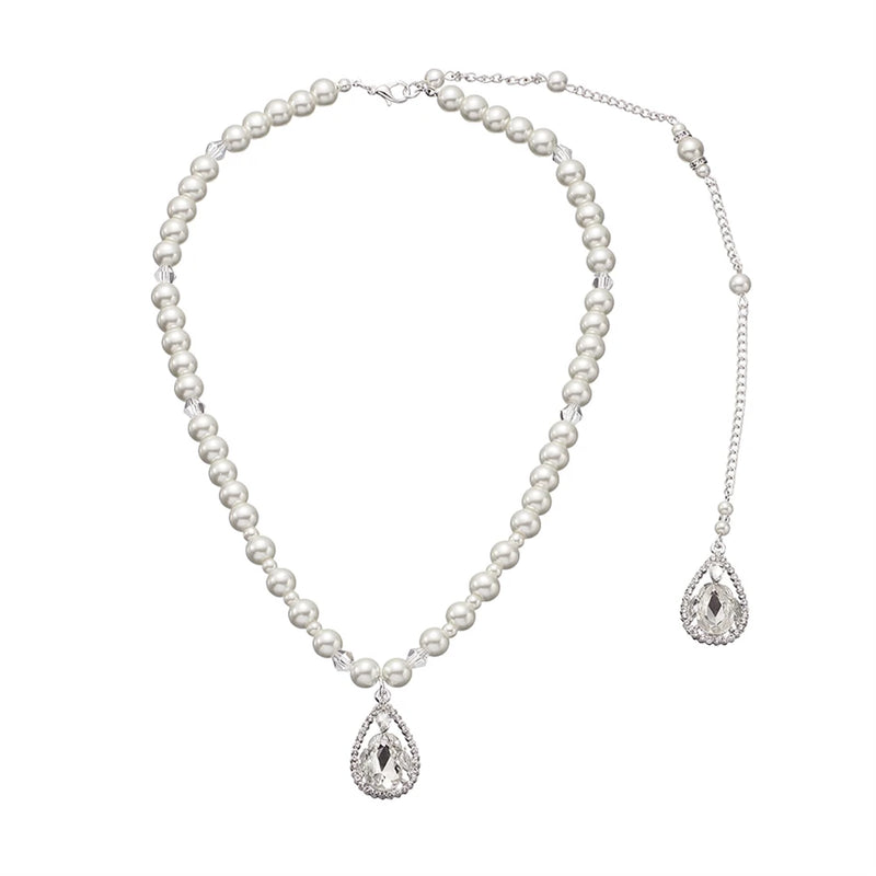 Efily Pearl Backdrop Necklace Wedding Accessories Bride Jewelry Long Crystal
