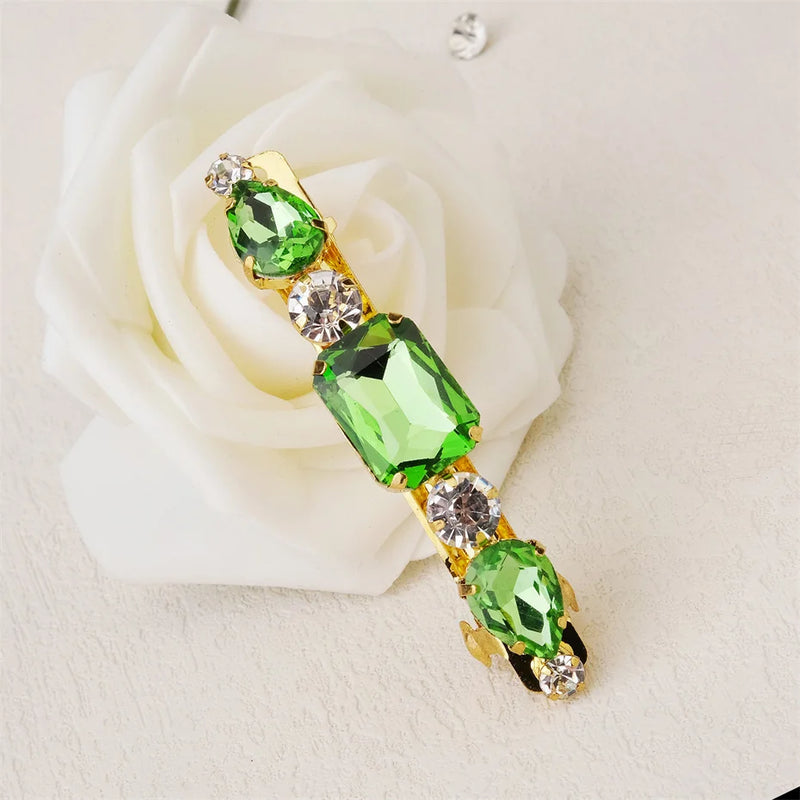 Vintage Green Crystal Hair Clip Geometric Rhinestone Hairpin Barrette