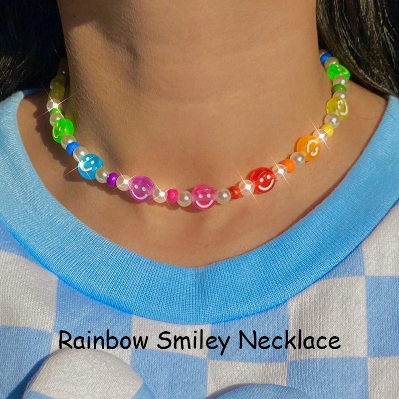 Egirl Rainbow Smiley Necklace Y2K Jewelry Vintage Harajuku 90s Gift