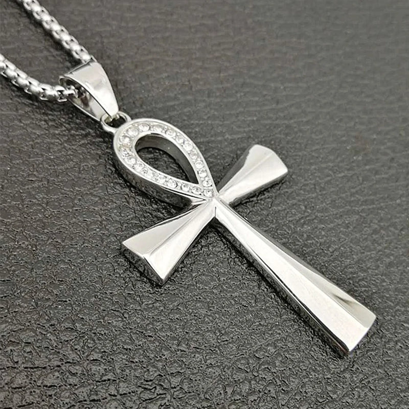 Egyptian Ankh Cross Pendant Necklace Bling Ice Stainless Steel Jewelry