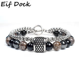 8mm Men's Natural Stone Beaded Bracelet with Stainless Steel Chain