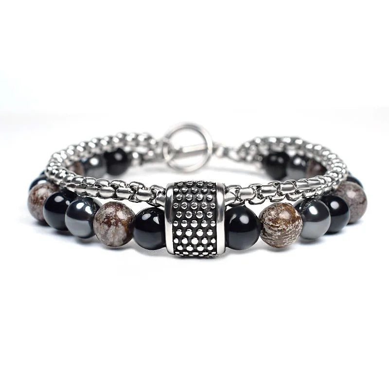 8mm Men's Natural Stone Beaded Bracelet with Stainless Steel Chain
