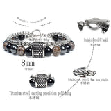 8mm Men's Natural Stone Beaded Bracelet with Stainless Steel Chain