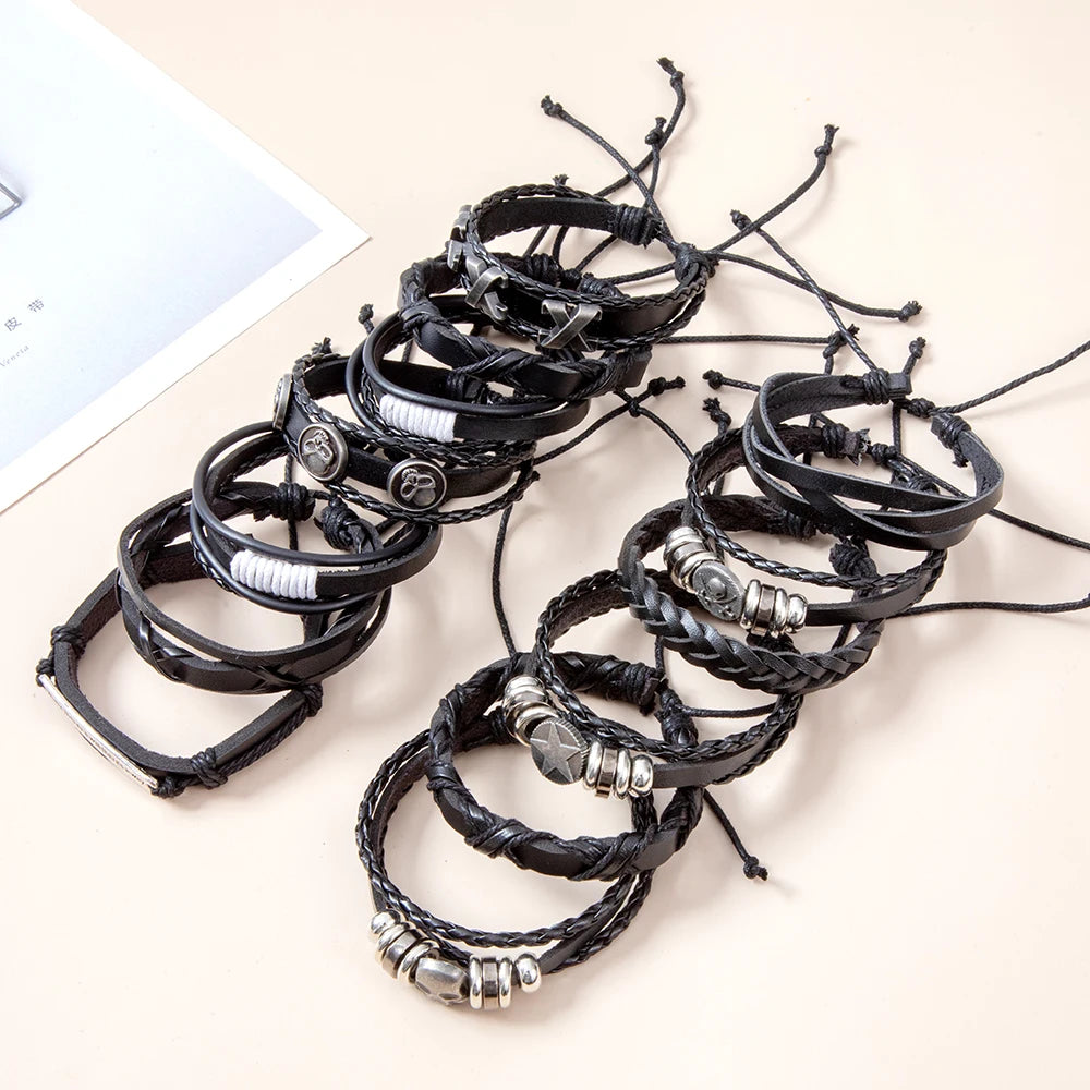 Gothic Skull Leather Bracelets for Men Vintage Pirate Star Charm Ethnic Tribal