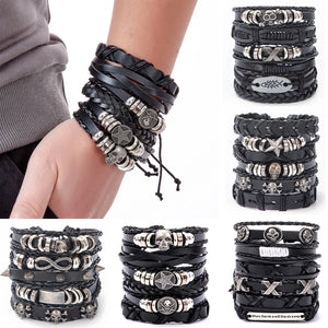 Gothic Skull Leather Bracelets for Men Vintage Pirate Star Charm Ethnic Tribal