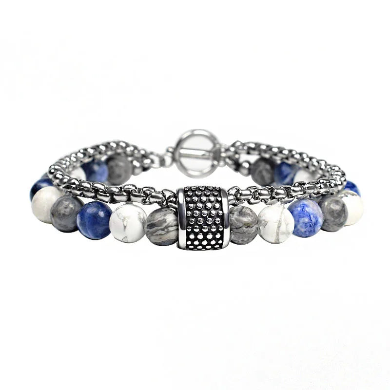 Double Layers Beaded Bracelet for Men Natural Map Stone Charm Jewelry