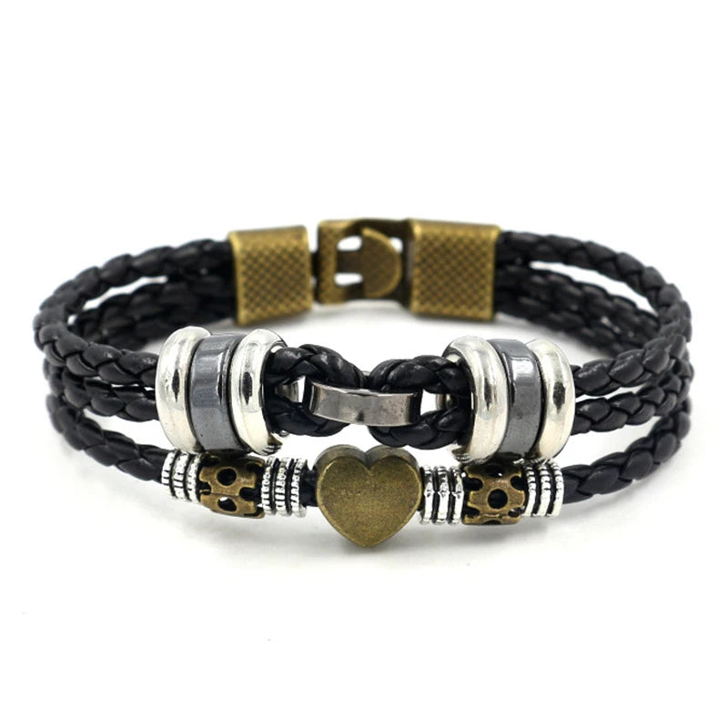 Adjustable Leather Bracelet Men Love Heart Charm Bangle