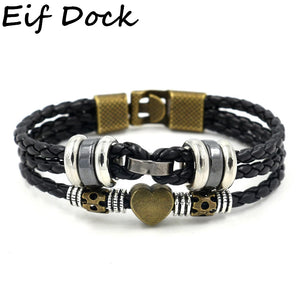 Adjustable Leather Bracelet Men Love Heart Charm Bangle