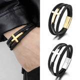 Eif Dock Multilayer Cross Classic Stainless Steel Men's Leather Bracelet
