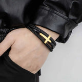 Eif Dock Multilayer Cross Classic Stainless Steel Men's Leather Bracelet
