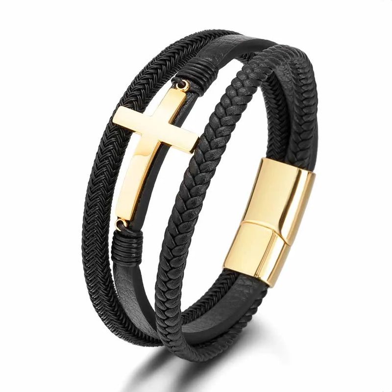 Eif Dock Multilayer Cross Classic Stainless Steel Men's Leather Bracelet