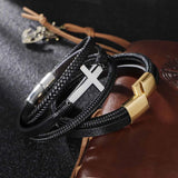 Eif Dock Multilayer Cross Classic Stainless Steel Men's Leather Bracelet