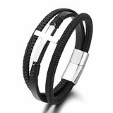 Eif Dock Multilayer Cross Classic Stainless Steel Men's Leather Bracelet