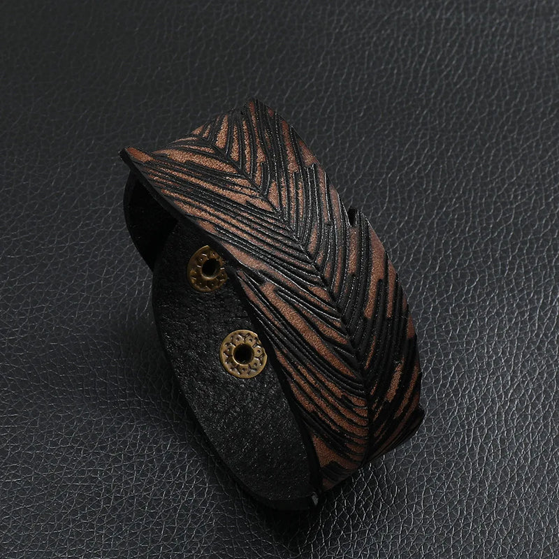Eif Dock Vintage Leather Bracelet Brown Leaf Charm Men Women Gift