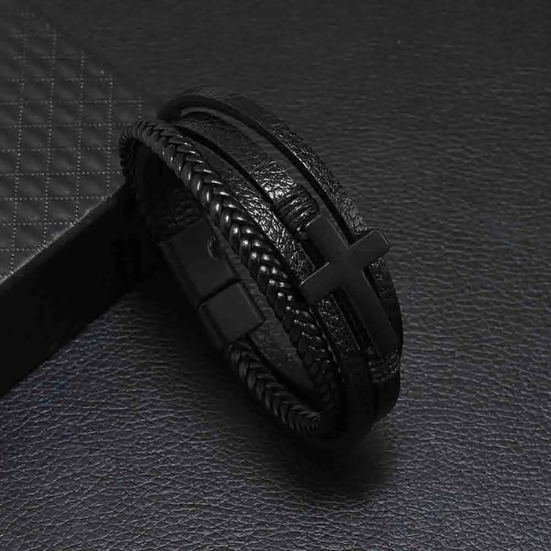 Vintage Multilayer Woven Leather Wrap Bracelet Men Cross Charm