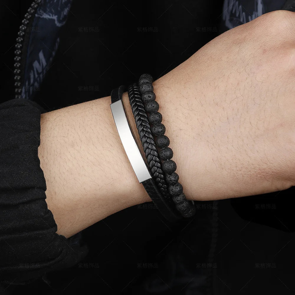 Vintage Stone Beaded Leather Bracelet for Men