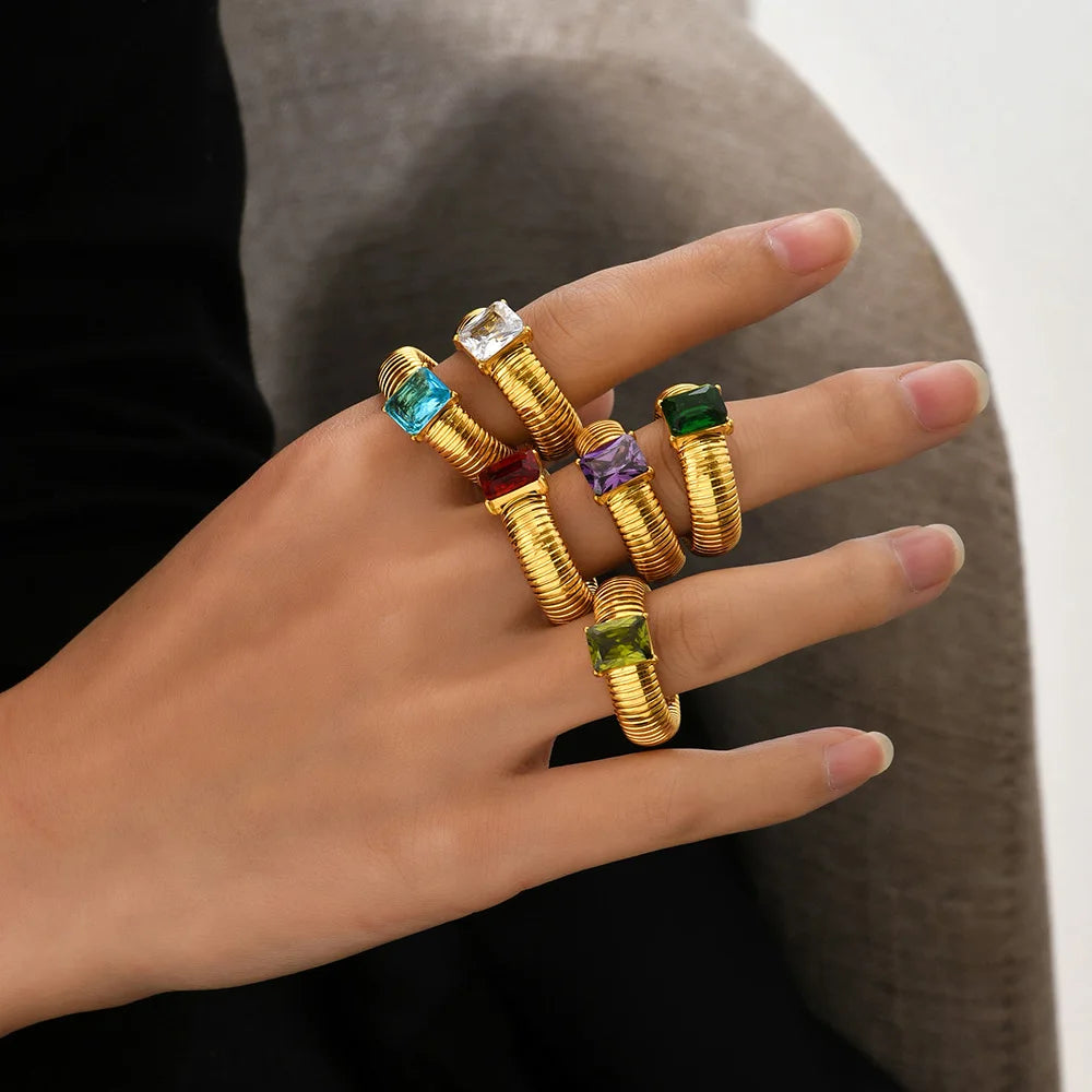 Vintage Stainless Steel Elastic Ring with Cubic Zirconia