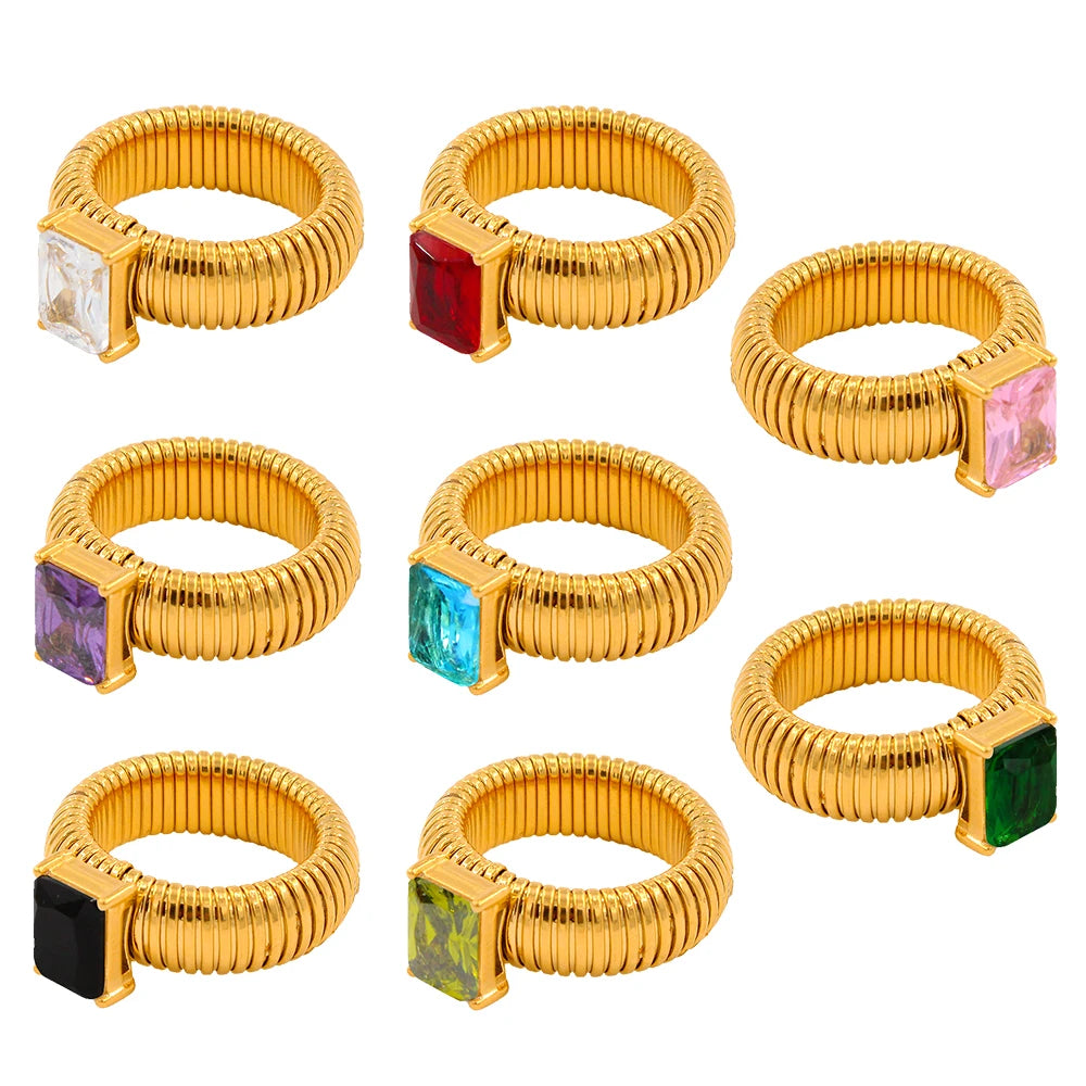 Vintage Stainless Steel Elastic Ring with Cubic Zirconia
