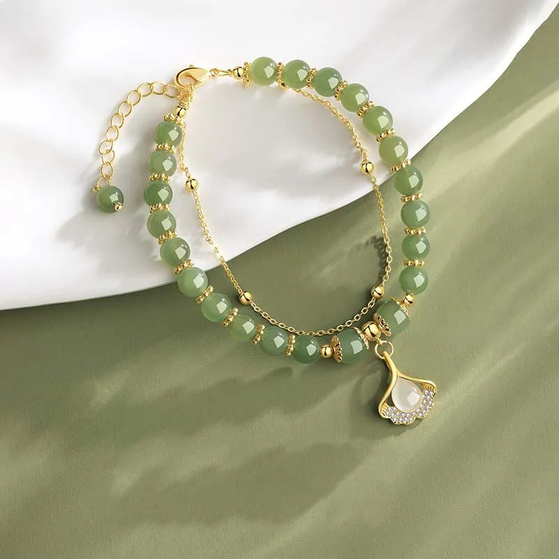 Opal Zircon Ginkgo Biloba Double-Layer Bracelet High-Grade Hand Jewelry