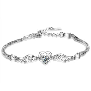 Angel Wings & Crystal Heart Bracelet Wedding Birthday Gift 925 Silver