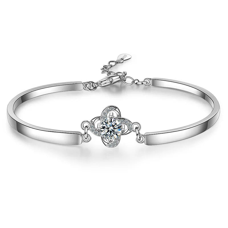 Lucky Clover Crystal Bangle Bracelet 925 Silver Jewelry