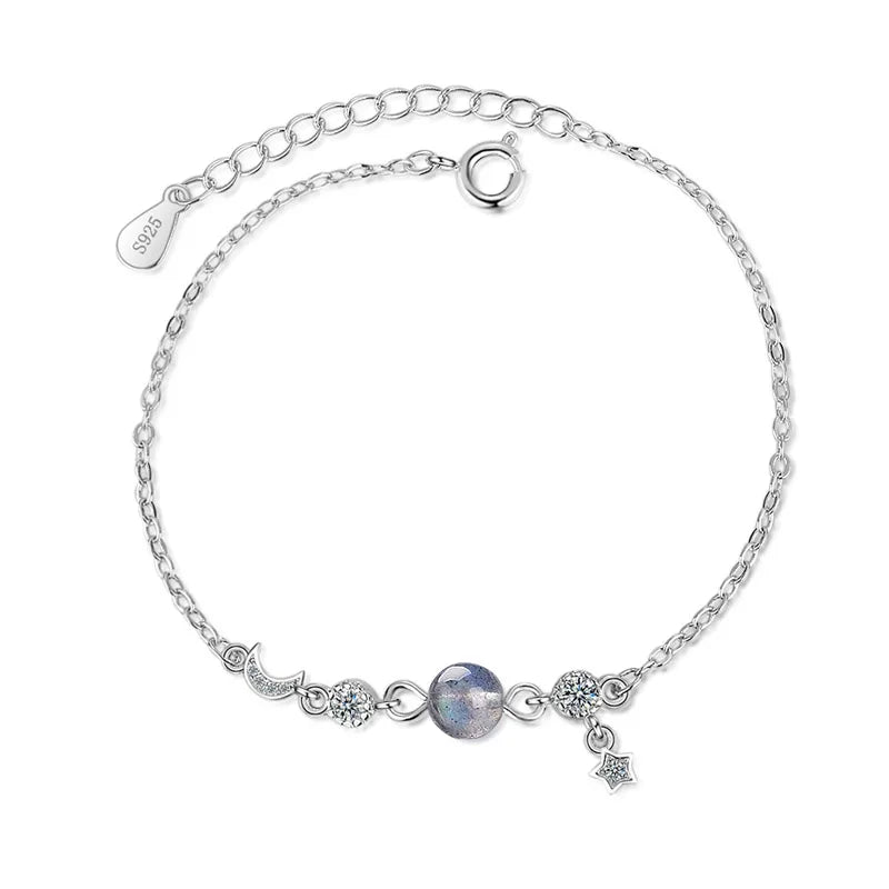 Elegance Moonlight Stone Moon & Star Bracelet 925 Silver Jewelry