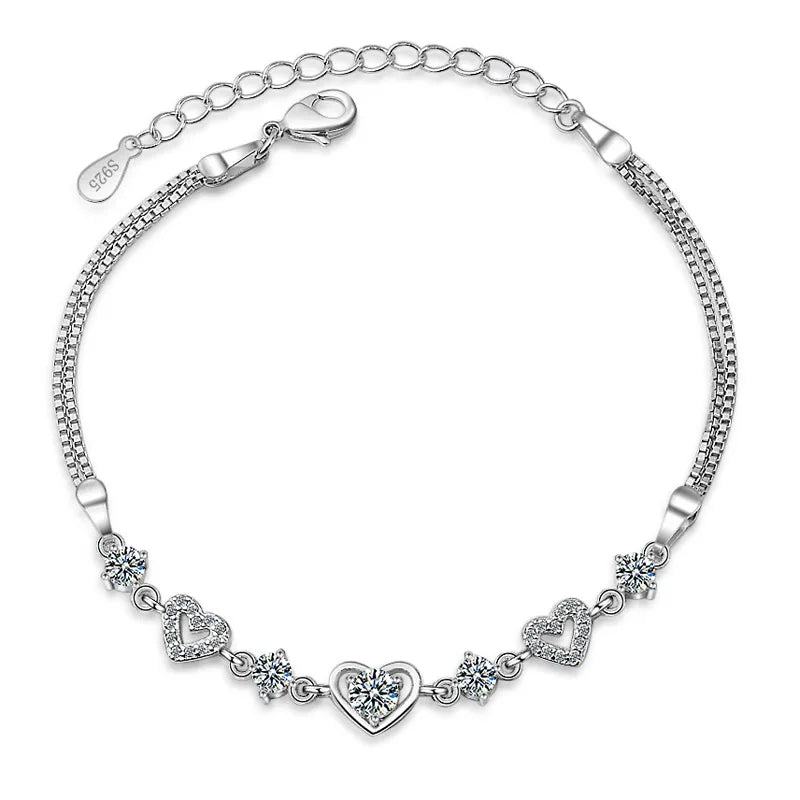 Elegance Pave & Openwork Heart Bracelet 925 Silver Jewelry