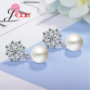 925 Silver Drop Earrings with CZ Stones & Pearls for Women Wedding