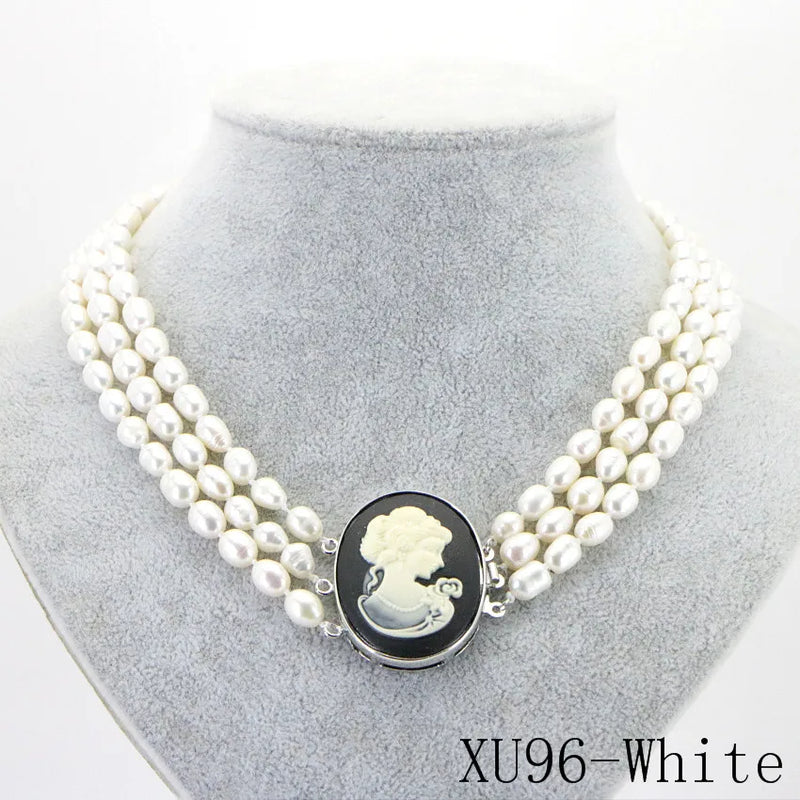 8-9mm 3 Row Natural Cultured Pearl Necklace for Women